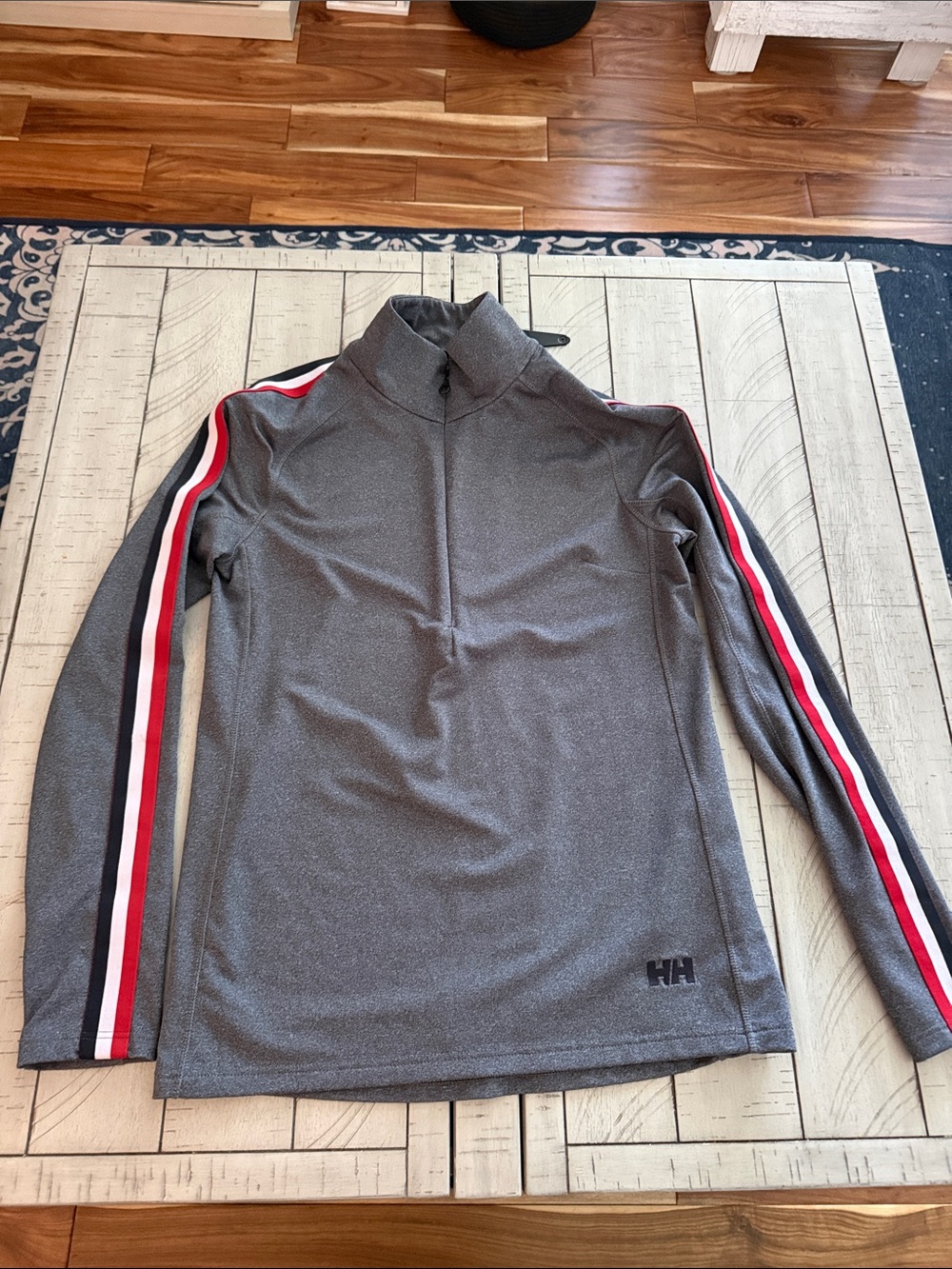 Helly Hansen Gray Performance Quarter-Zip with Red & White Sleeve Stripes
